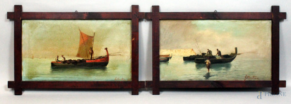 Coppia di marine con barche e figure, olio su tela, cm. 30x52, firmato, entro cornice.