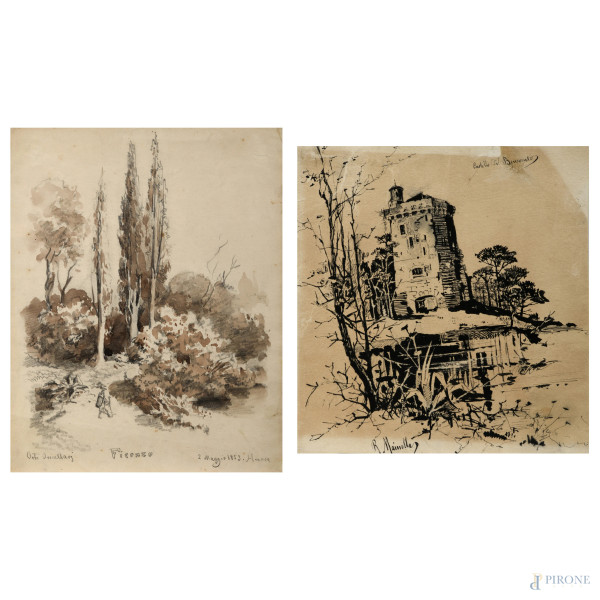 Lotto di due disegni a tecnica mista su carta raffiguranti Castello di Benevento e Orti Ornellari, XIX-XX secolo, misure massime cm 29,5x23,5 (segni di usura, tracce di umidità, gore, foxing, lacerazioni della carta, tracce di piegatura)