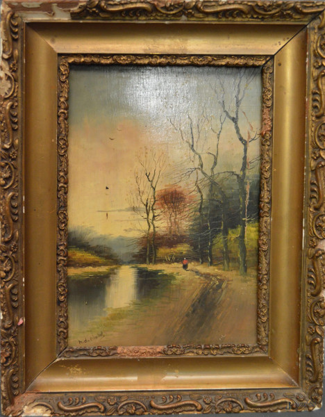 Paesaggio fluviale con figura, dipinto dell’800 ad olio su tavola 16x25 cm, entro cornice.