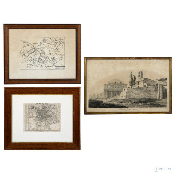 Lotto di tre stampe di Roma, XX secolo, misura massima cm 30x40, entro cornice(difetti, piegature, umidità)