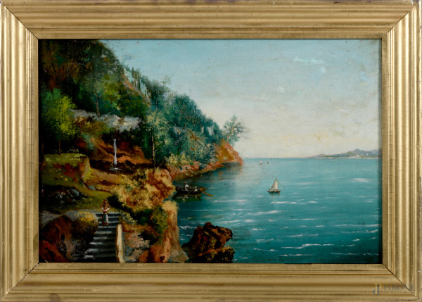 Veduta costiera, olio su tela, cm 41x62, entro cornice, (difetti)