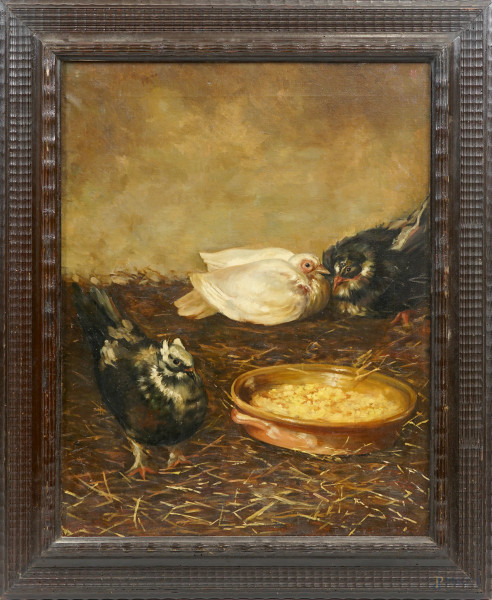 Tre colombe, olio su tela, inizio XX secolo, cm 74x57, entro cornice