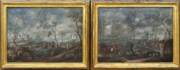 Pittore del XVIII secolo, Coppia di paesaggi con figure, olio su tela, cm 50,5x99,5,entro cornici, (difetti).