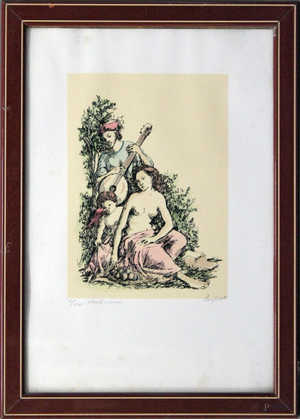 Litografia raffigurante scena romantica, firmata Purificato, cm 50 x 30, entro cornice.