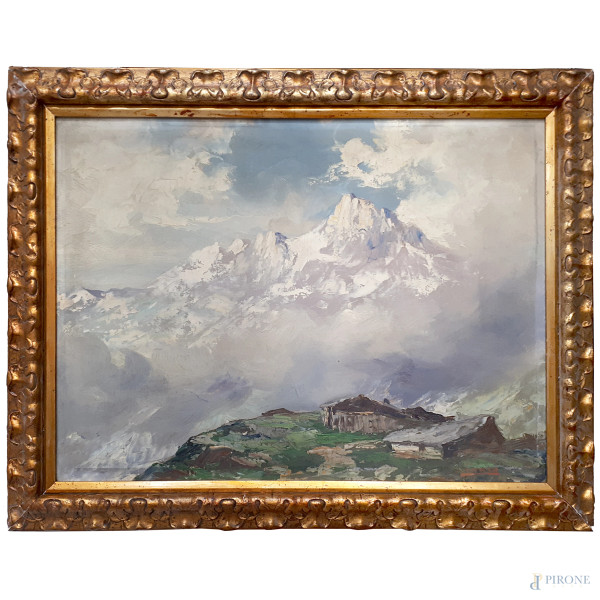 Artista di inizio del XX secolo, Rifugio alpino con vette innevate, olio su tela applicata su cartone, cm 50x70, firma poco leggibile, con cornice