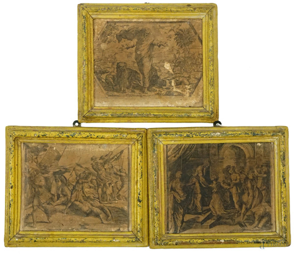 Da Orazio Borgianni (1574-1616), Tre antiche incisioni su carta applicata su tela raffiguranti "Salomè e la Regina di Saba", "La Creazione degli animali" e "David decapita Golia", cm 15,5x19,5, entro cornici, (difetti).