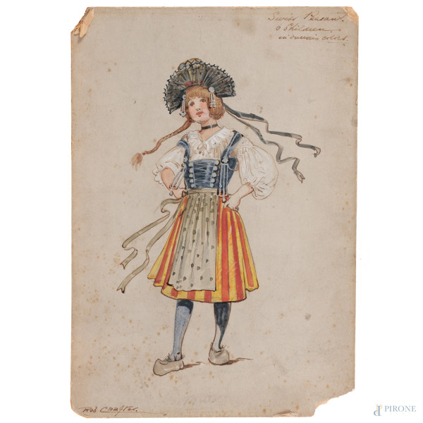 Fanciulla in abiti tradizionali svizzeri, XX secolo, tecnica mista su cartoncino, cm 25,5x17,5, firmato in basso a destra(segni di usura, rotture, mancanze, gore, foxing, tracce di umidità)