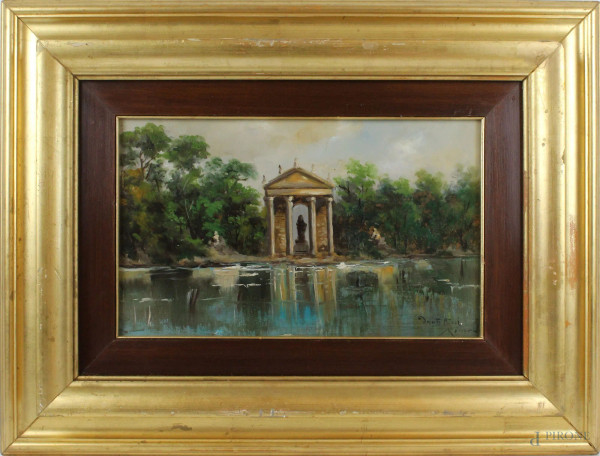 Scorcio di Villa Borghese, olio su masonite, cm 24x40, firmato Dante Ricci, entro cornice