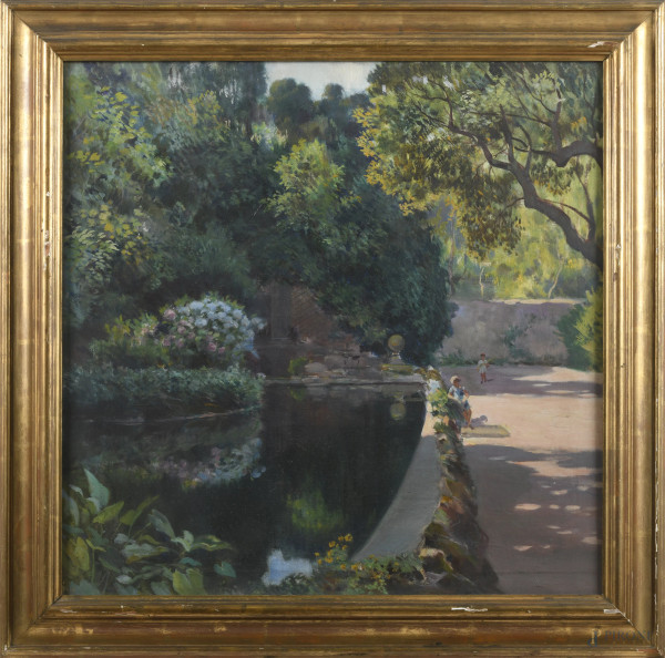 Parco con fanciulli, XIX secolo, olio su tela, cm 80x80, entro cornice, (lievi segni di usura)