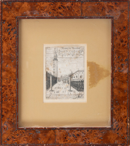 Incisione raffigurante Piazza San Marco, XVIII secolo, cm 11,5x8,5, entro cornice (foxing, gore, segni di usura, lacerazioni, segni di usura)
