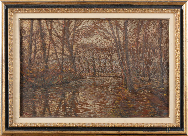 Nel bosco, XX secolo, olio su cartone, cm 39x59, entro cornice, (segni di usura, abrasioni, supporto ondulato e imbarcato)