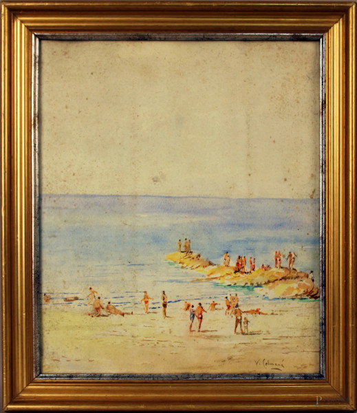 Spiaggia con figure, acquarello su carta, cm. 37x32, firmato entro cornice.