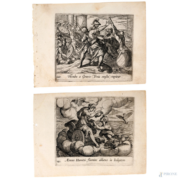 Antonio Tempesta, (1555 –  1630) Lotto di due acqueforti dalla serie "Le Metamorfosi" di Ovidio, foglio cm 13x17, (segni di usura e lacerazioni ai margini)