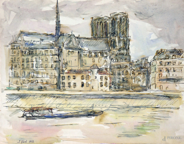 Artista francese del Novecento, Veduta parigina con cattedrale e fiume, tecnica mista su carta, cm 33x25 