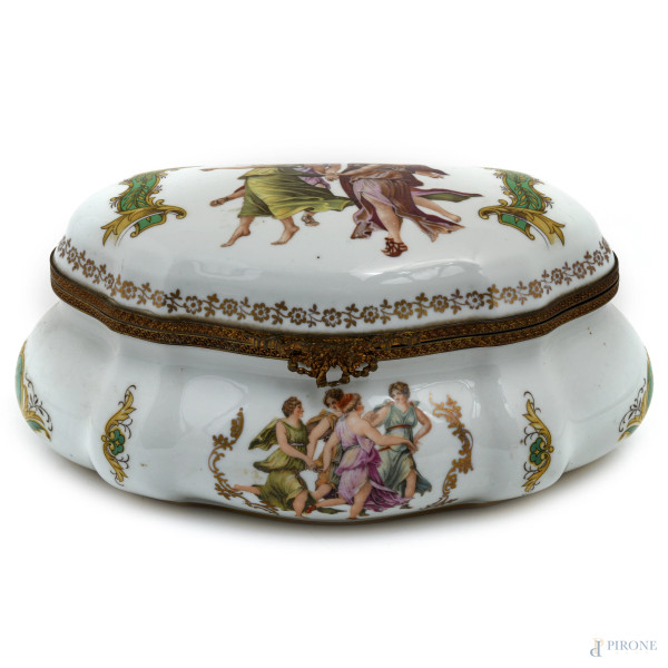 Portagioie in porcellana Limoges decorata con figure femminili, XX secolo, cm 9x21x13, (segni di usura)