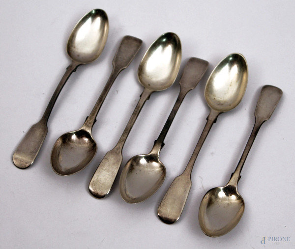 Lotto di sei cucchiaini in argento, Inghilterra XIX sec., gr. 126.