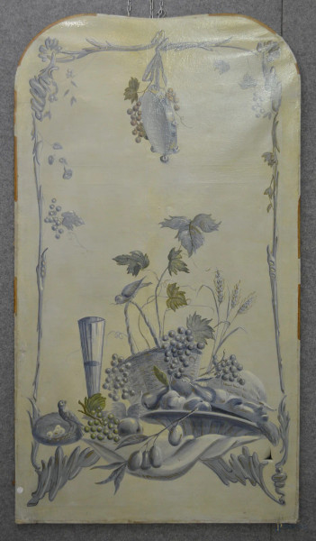 Natura morta con uccellini e frutta, grisaglia ad olio su tela 165x98 cm, XIX sec, (piccoli difetti alla tela).