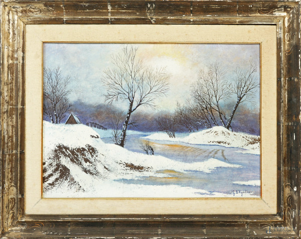 Paesaggio invernale, olio su tela, cm 50x70, firmato G.D'Agostino, entro cornice