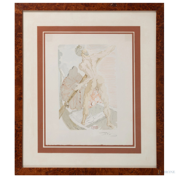 Salvador Dalì (1904 - 1989), Caronte, litografia, firmato in basso a destra, illustrazione da "La Divina Commedia" , cm 33x26, entro cornice