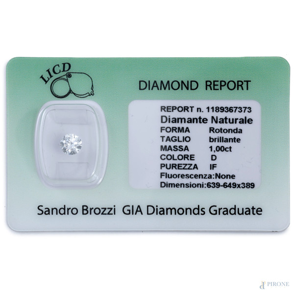 Diamante naturale taglio brillante da 1 ct, colore D, purezza IF