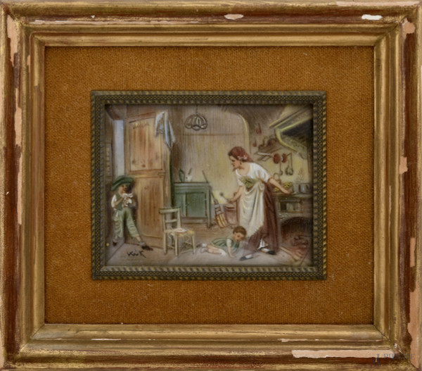 Scena di interno, tecnica mista su porcellana, XX secolo, cm 6,5x8, firmata in basso a sinistra entro cornice