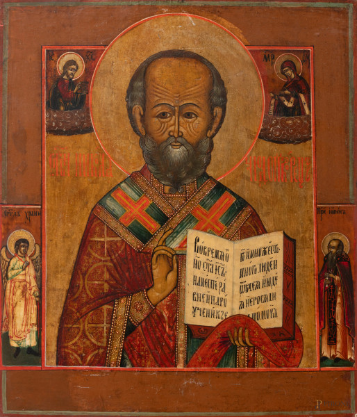 Icona raffigurante Santo, XIX- XX secolo, tempera su tavola, cm 31,5x27, (segni di usura, scalfiture, cadute di colore, difetti)