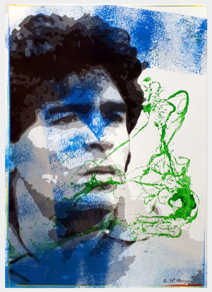 Maradona, ritratto pop a tecnica mista su carta, cm 21x30, firmato, opera del maestro Anton Walter Morgan
