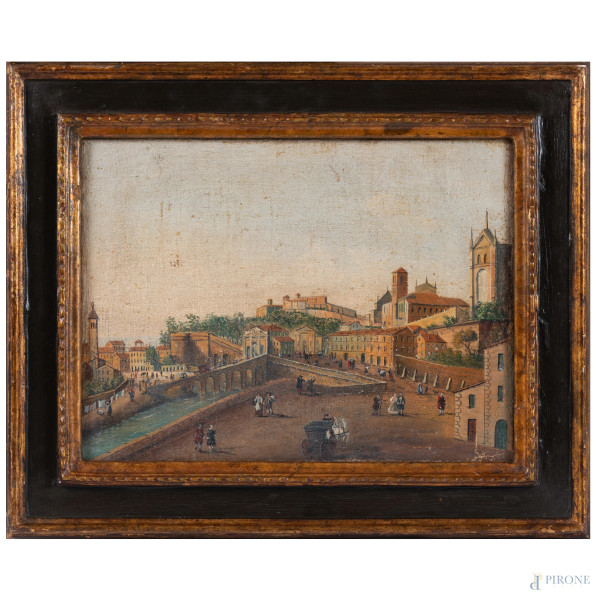 Veduta di Bergamo, XVIII secolo, olio su tela, cm 29x39, entro cornice, (craquelure, segni di usura, tracce di umidità)