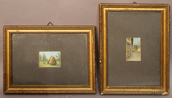 Lotto composto da due piccoli oli su cartone a soggetto di paesaggi firmati, cm 6 x 4 e cm 5,5 x 4, entro cornici.
