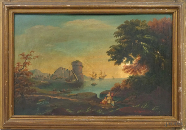 Paesaggio costiero con castello e figure, olio su tavoletta, cm 44,5x68,5, firmato, entro cornice.