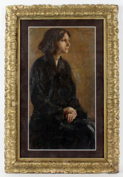 Ritratto di giovane donna, olio su cartone, cm 45,5x26, firmato A. Calcagnadoro, Roma 1930, entro cornice