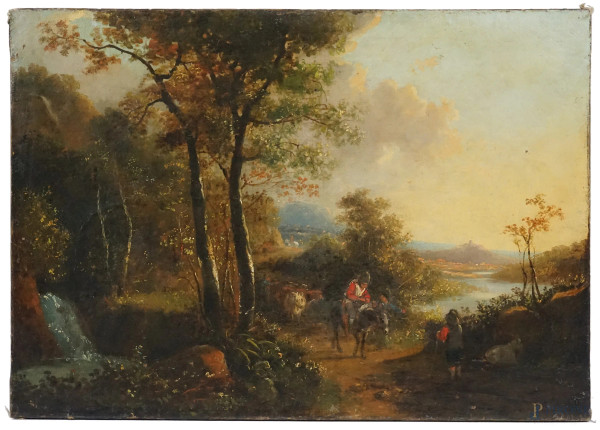 Pittore del XVIII-XIX secolo, Paesaggio laziale con figure, olio su tela cm 61x86, (difetti).