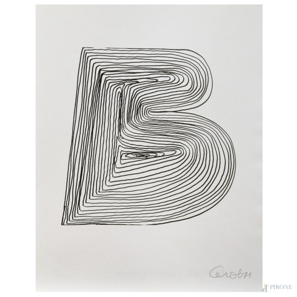 Riproduzione fotolitografica dell'opera di Mario Ceroli "Lettera B", eseguita per la serie Alfabeto di Bolaffi Arte, cm 30x23,5