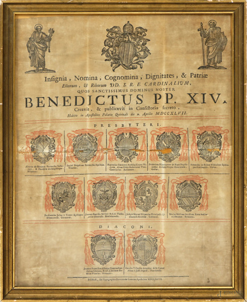 Insignia, Nomina, Cognomina & Patriae, di Benedetto XIV, Aprile 1747, cm 55,5x43,5, entro cornice