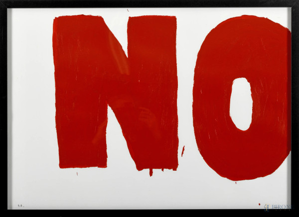 Mario Schifano (Homs, 1934 – Roma 1998), NO, serigrafia materica, cm 50x70 entro cornice, P.A., timbro a secco Schifano, firmato in basso a destra