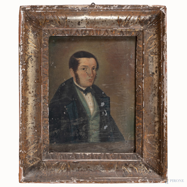 Ritratto di gentiluomo, XIX-XX secolo, olio su zinco, cm 17x13,5, entro cornice, (segni di usura, cadute di colore, difetti)