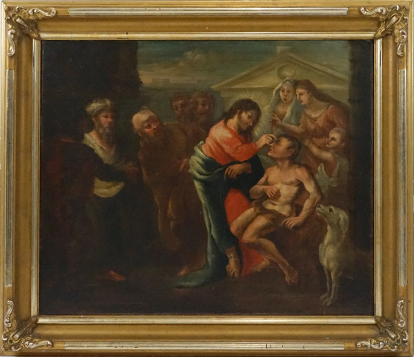 Pittore del XVIII secolo, Guarigione del cieco nato, olio su tela, cm 76x92, entro cornice, (piccolo difetto alla tela)