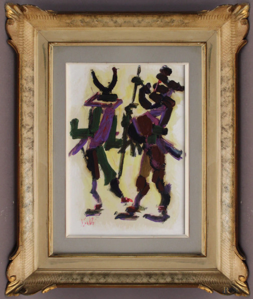 Ritratti di guerrieri, tecnica mista su legno 22x32 cm, firmato Vangelli, entro cornice.