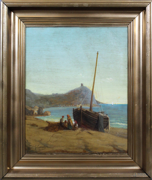 Scorcio di costa con figure ed imbarcazione, olio su tela, cm. 59x46, a firma G. Laezza, entro cornice.