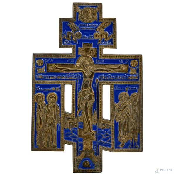 Crocifisso in bronzo e smalto blu, XX secolo, cm 18x11