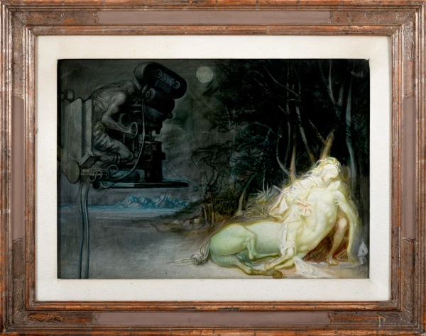 Romano Parmeggiani (Venezia, 1930 - Vicenza, 1992) , Figura nel bosco, olio su tavola, cm 53,5x87, entro cornice
