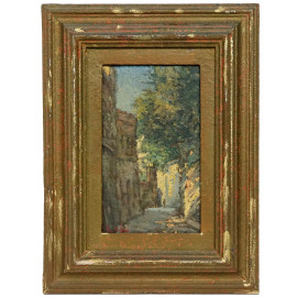 Scorcio di paese con figura, olio su tavola, cm 25x15, firmato, entro  cornice - Asta ASTA A TEMPO DI CORNICI, TAPPETI E ARTE MODERNA - Aste Pirone