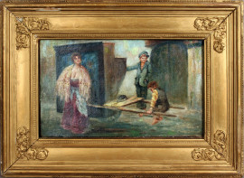 Esterno di case, olio su tela, cm. 30x20, firmato Enotrio, entro cornice. -  Asta ASTA A TEMPO DI ARTE MODERNA E ANTIQUARIATO con opere di Virgilio  Guidi, Enrico Baj, Carlo Levi, Gio