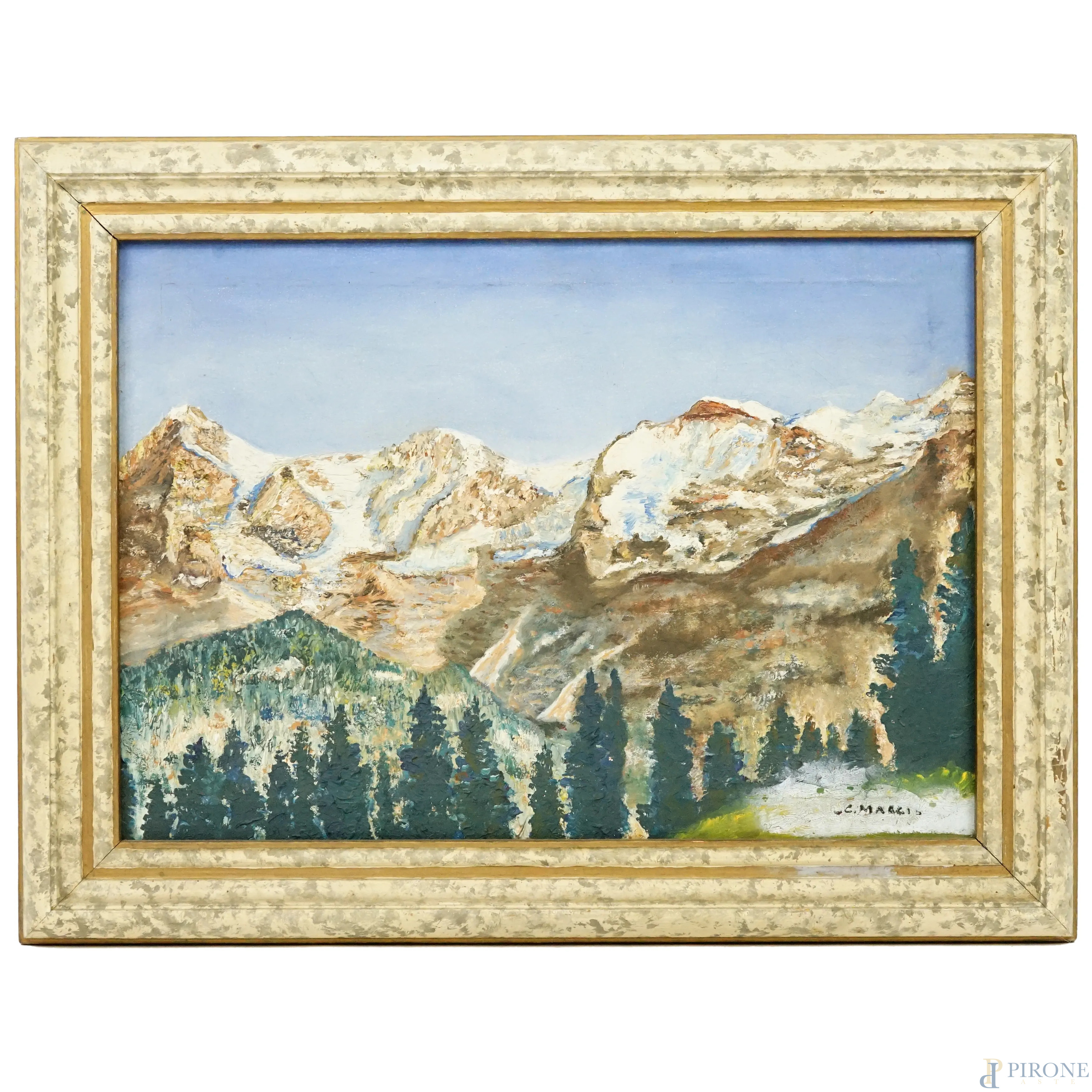 Paesaggio montano, olio su tela, cm 33x45,5, firmato e datato a tergo, entro  cornice. - Asta ASTA A TEMPO DI CORNICI, TAPPETI E ARTE MODERNA - Aste  Pirone