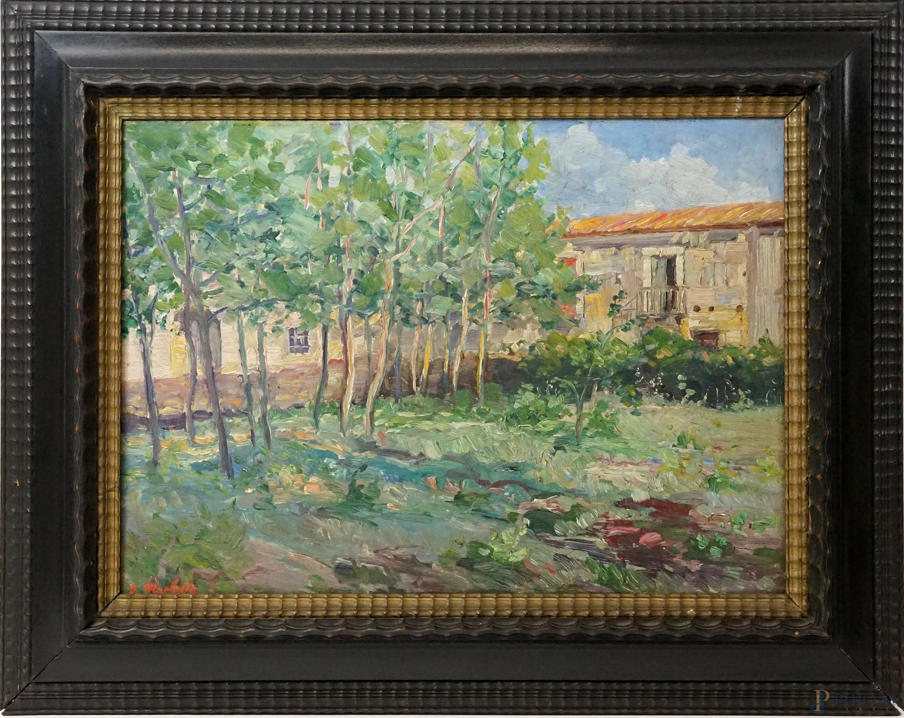 Esterno di casolare, olio su tavoletta, cm 45x60, firmato, entro cornice. -  Asta ASTA A TEMPO DI CORNICI, TAPPETI E ARTE MODERNA - Aste Pirone