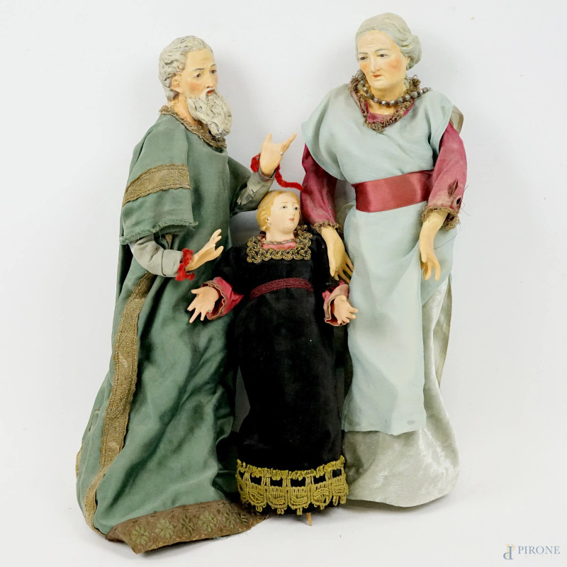 Tre sculture da presepe, Napoli, XX secolo, alt max cm 40, con base in legno dorato,  (difetti)  - Asta ASTA A TEMPO DI ANTIQUARIATO E ARTE MODERNA - Aste Pirone