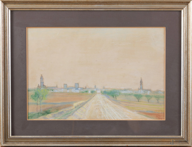 Paesaggio, XX secolo, pastello su cartone, cm 42x57 compreso passepartout, entro cornice, (supporto imbarcato)  - Asta RAPIDA SOLIS - Aste Pirone