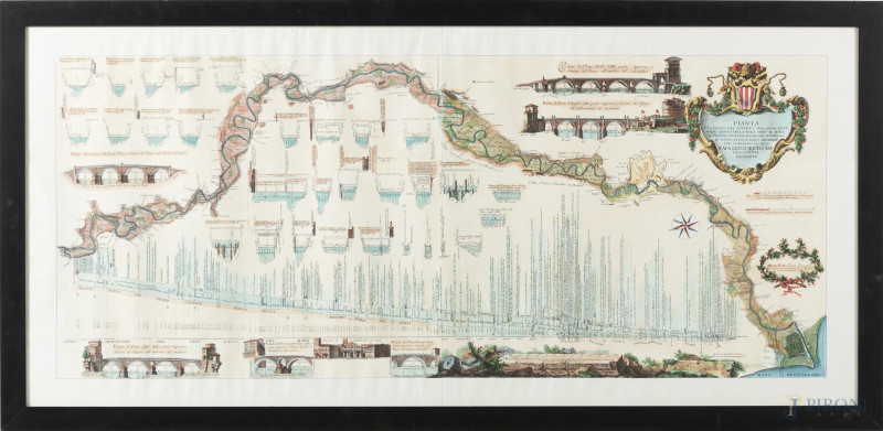 Pianta del corso del Tevere […] per comando di N.S. Papa Benedetto XIV felicemente regnante, XX secolo, cm 59x129, entro cornice, (segni di piegatura, ondulazioni della carta, lievi segni di umidità)  - Asta ASTA A TEMPO | VARIÆ	 - Aste Pirone