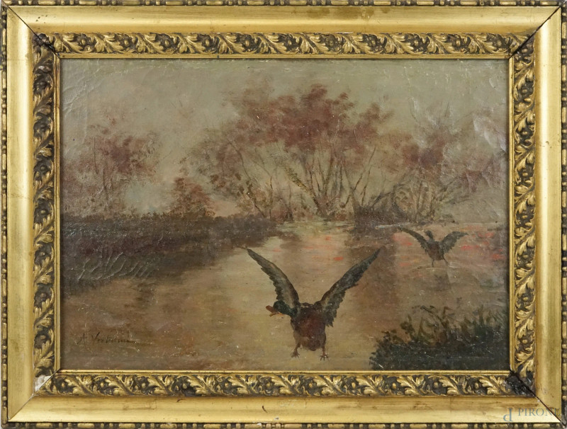 Scorcio palustre con anatre, olio su tela riportata su masonite, cm 30x43, firmato, entro cornice.  - Asta II TORNATA DI ASTA DI ARTE MODERNA E ANTIQUARIATO - Aste Pirone