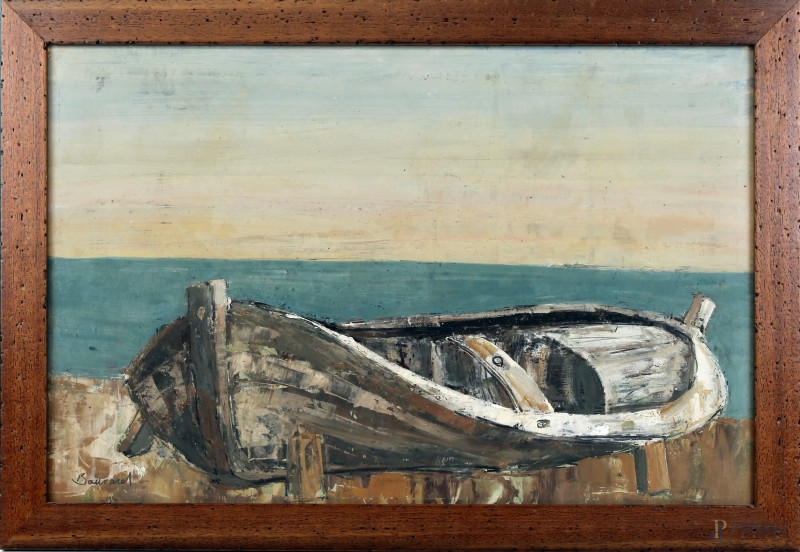 Barca in riva al mare, olio su tavola, cm 38x58,5, firmato, entro cornice, (piccole cadute di colore).  - Asta ASTA DI ARTE MODERNA E ANTIQUARIATO - Aste Pirone